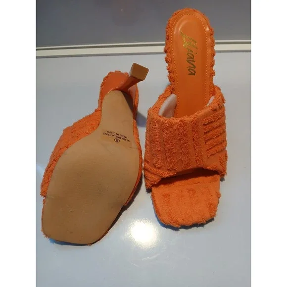LIAYANA Orange Terry Cloth Open Toe Square Toe Heels Women Size 9 - Picture 8 of 9